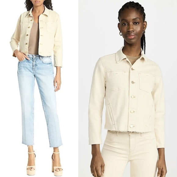 NWT L'AGENCE 90s Ivory Distressed Stretch Denim Raw Hem Crop Slim Jean Jacket S - Picture 2 of 16